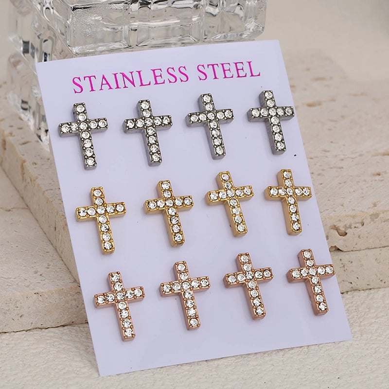 1 Set 1 Pair Luxurious Shiny Cross 304 Stainless Steel Ear Studs