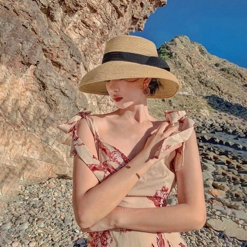 Women's Pastoral Solid Color Bowknot Wide Eaves Straw Hat
