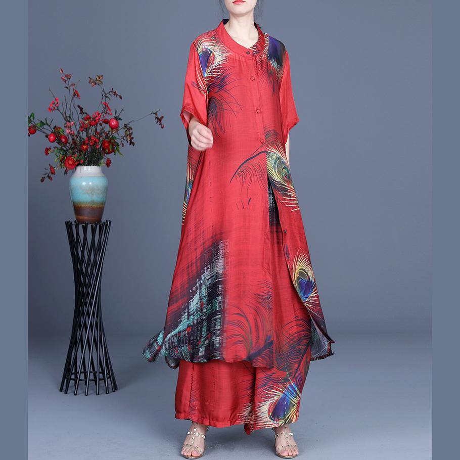 Summer 2024 Loose Silk Red Print Coat + Two Piece Pants