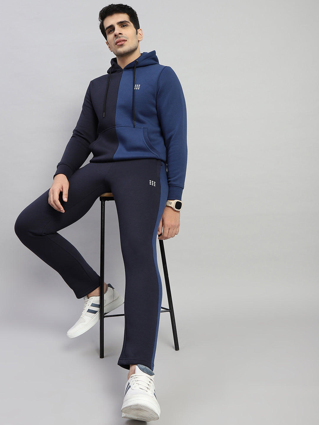 Men Navy Blue Solid Hooded Full Sleeve Winter Tracksuit