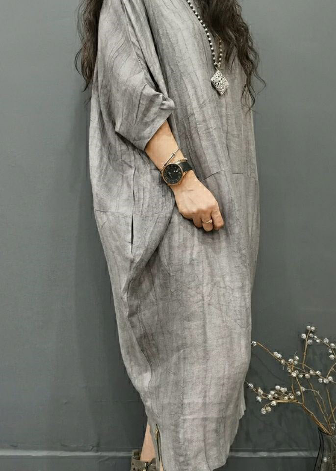 Beautiful Grey O-Neck Wrinkled Side Open Linen Long Dress Batwing Sleeve