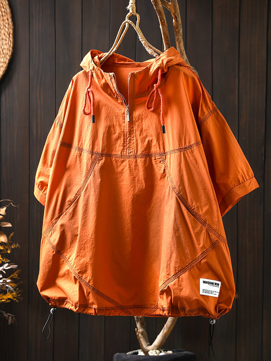 Women Summer Artsy Drawstring Hooded Cotton Shirt