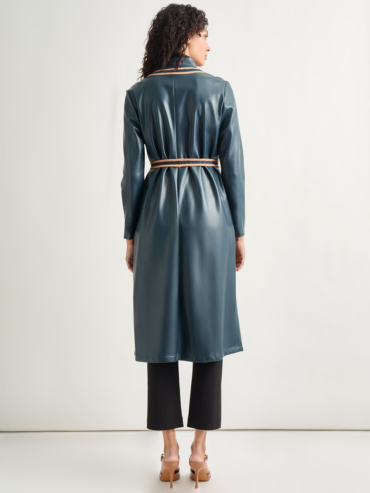 Belted Long Vegan Leather Jacket