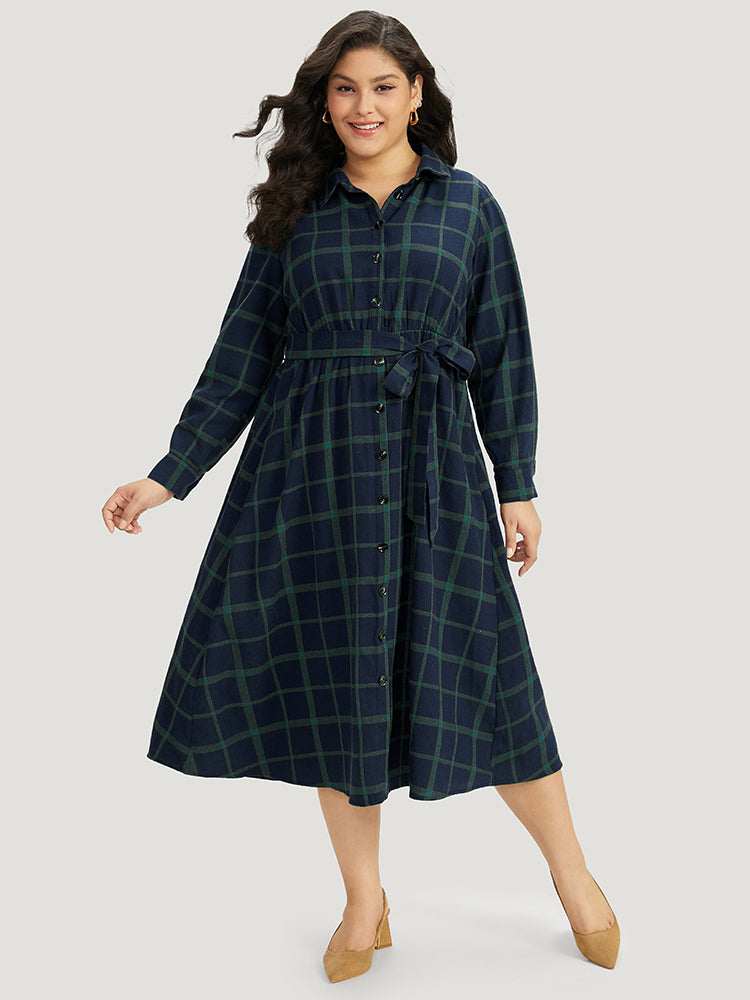 Plaid Shirt Collar Button Fly Belted Dress