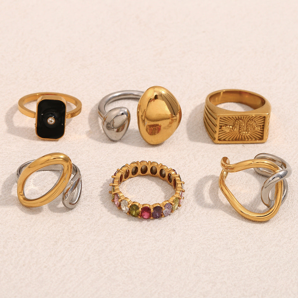 Ins Fashion Niche Design Personality Hand Jewelry Stainless Steel Plated 18K Gold Two-Color Geometric Snake Ring Female