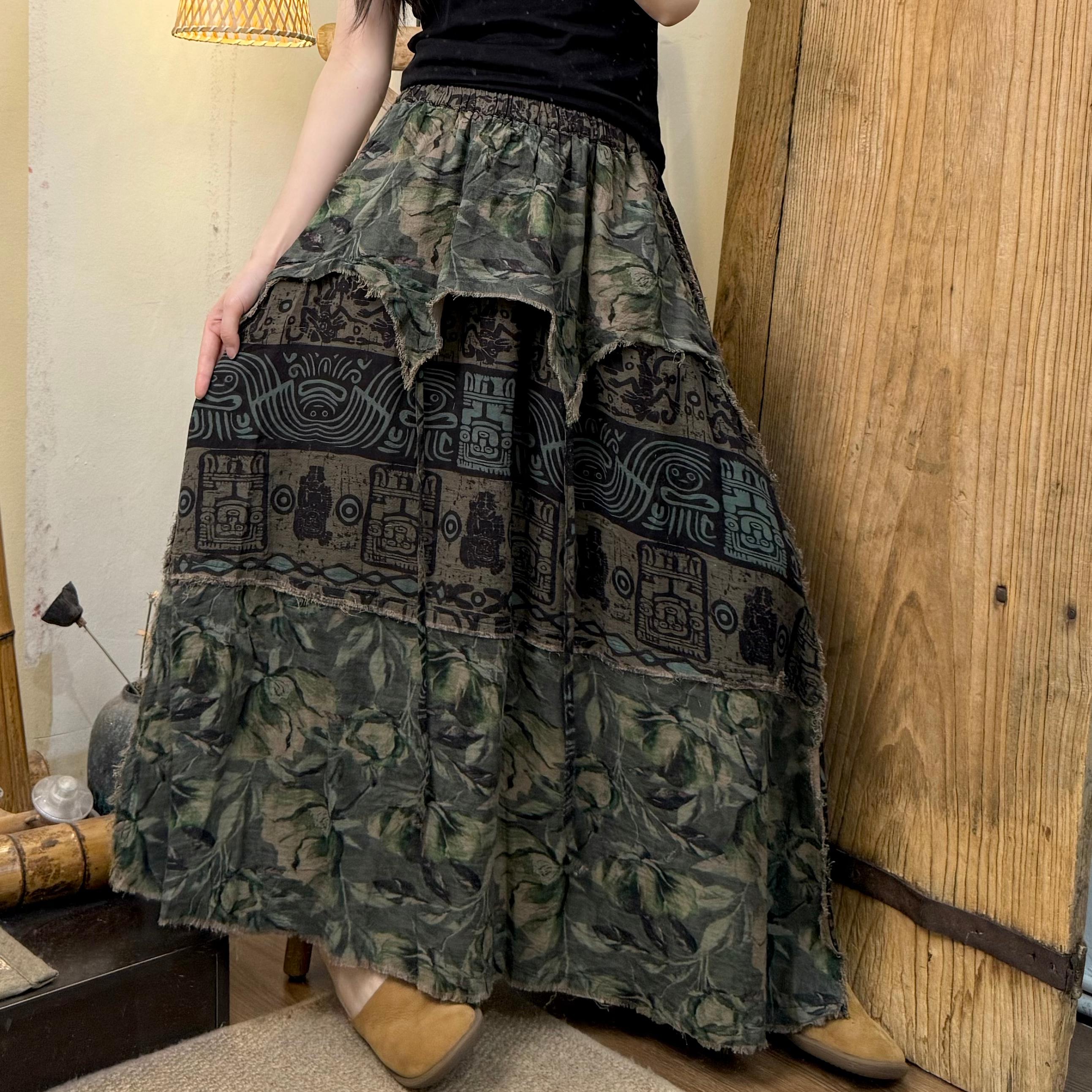 Women Summer Retro Flower Spliced Cotton Skirt
