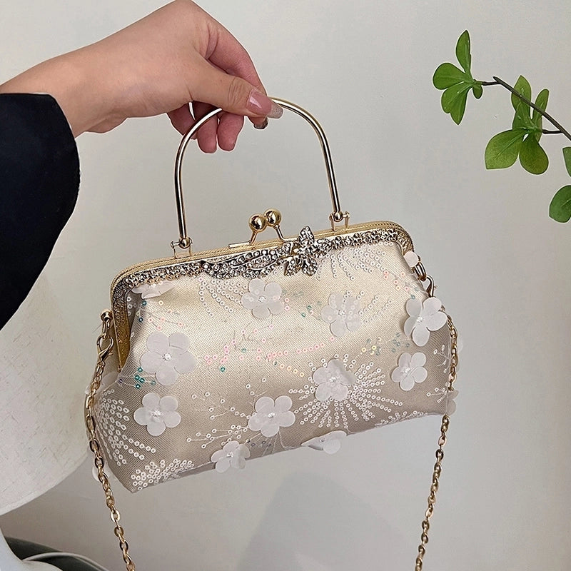 Women's Medium Pu Leather Gauze Flower Classic Style Clasp Frame Crossbody Bag
