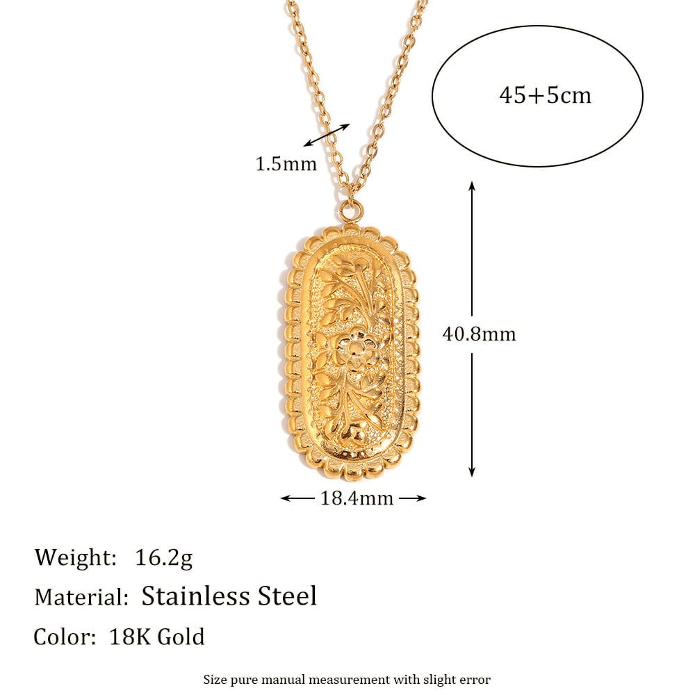 Personalized Ring Stainless Steel 18K Gold Plated Retro Sawtooth Flower Oval Relief Necklace Female