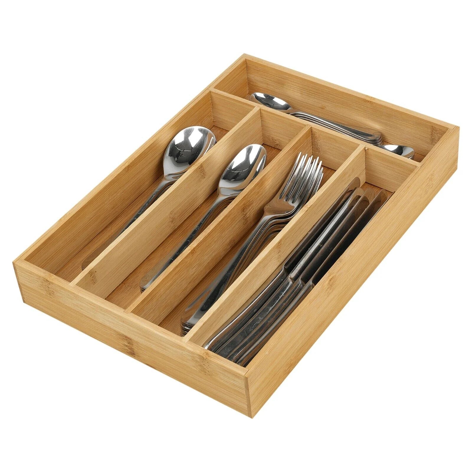 5 Compartment Bamboo Cutlery Tray. Kitchen Drawer Utensils Holder. Wooden Knife Fork Spoon Organizer Case