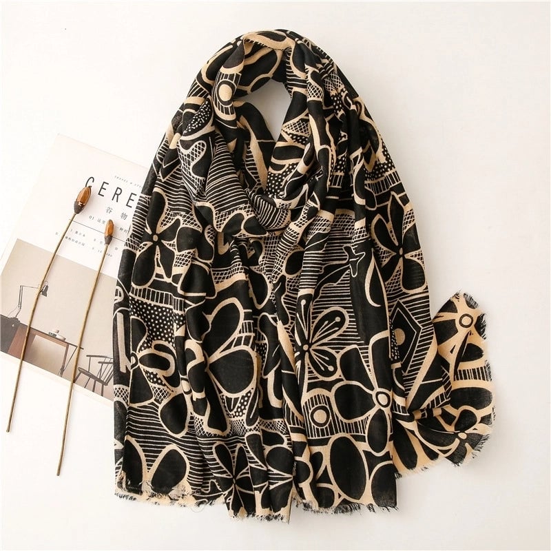 Flower Printed Cotton Linen Gauze Silk Scarf