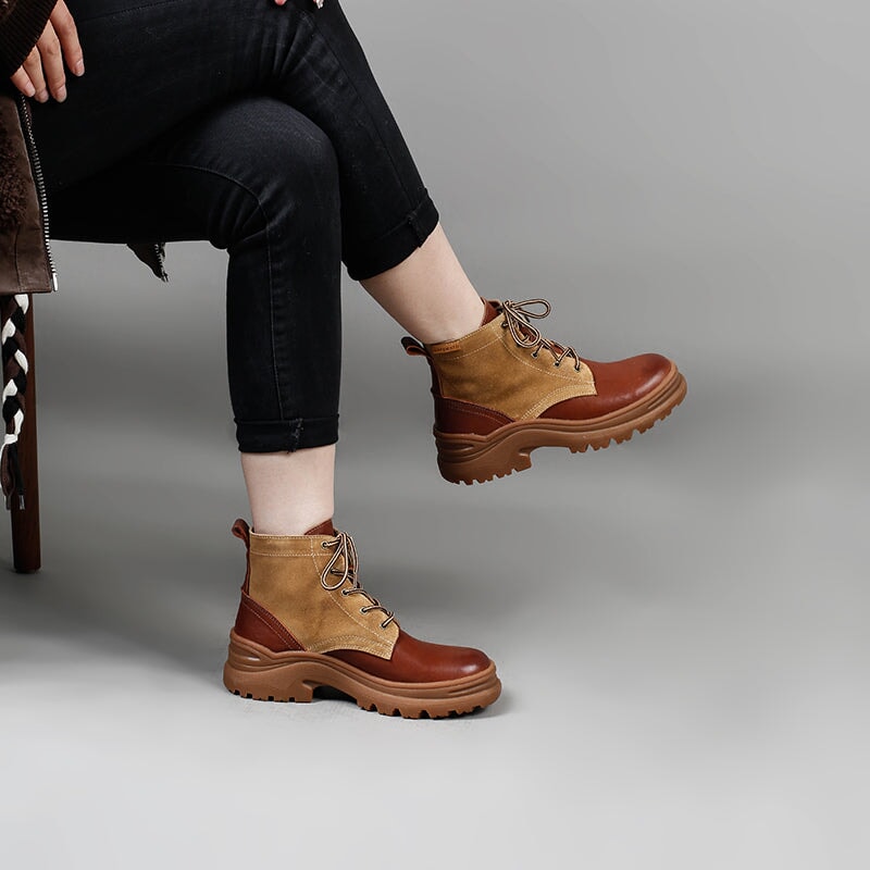 Designer Handmade Leather Combat Boots Retro Chunky Ankle Boots Color Blocking