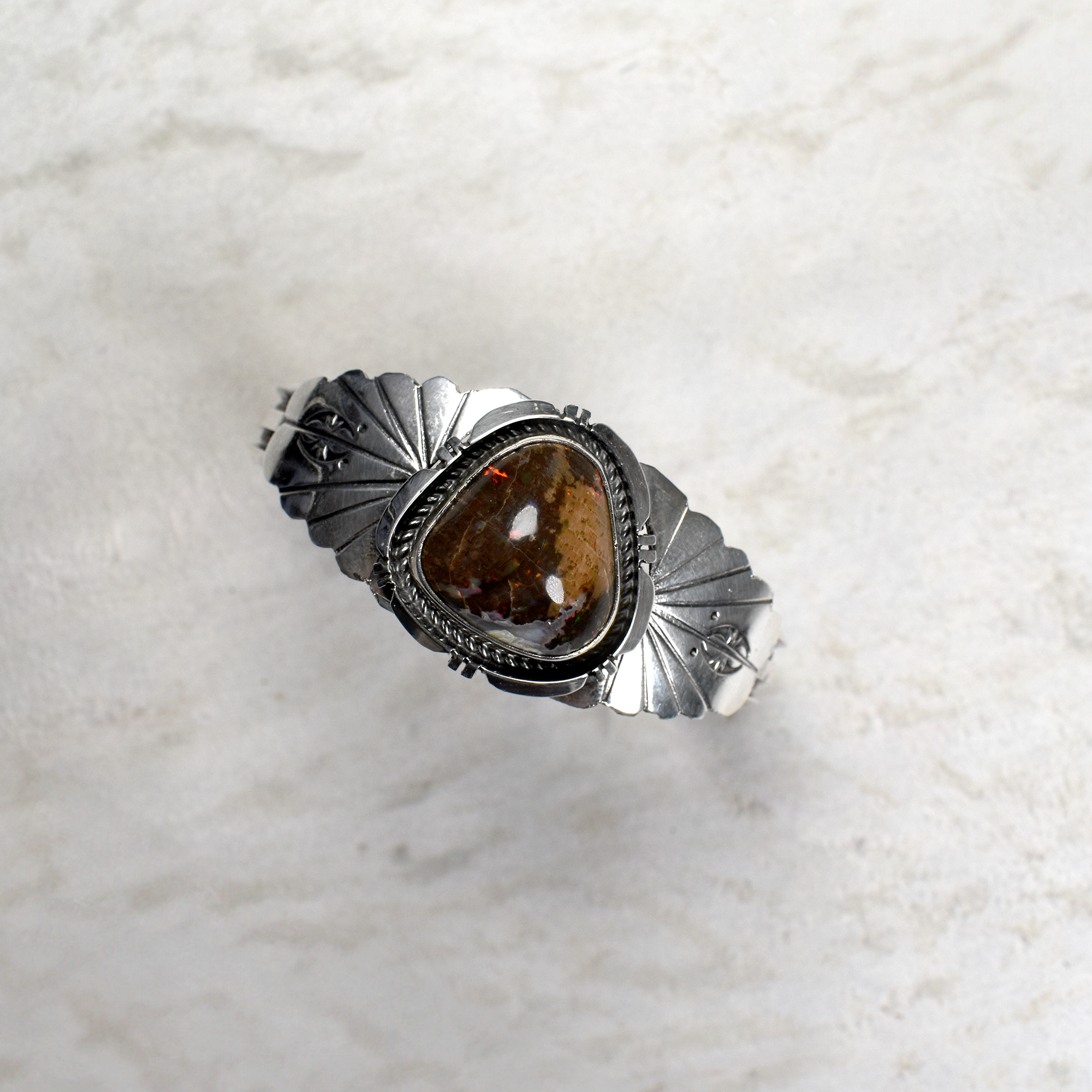 Triangular Nevada Fire Opal Cuff with Hand-Tooled Flourishes