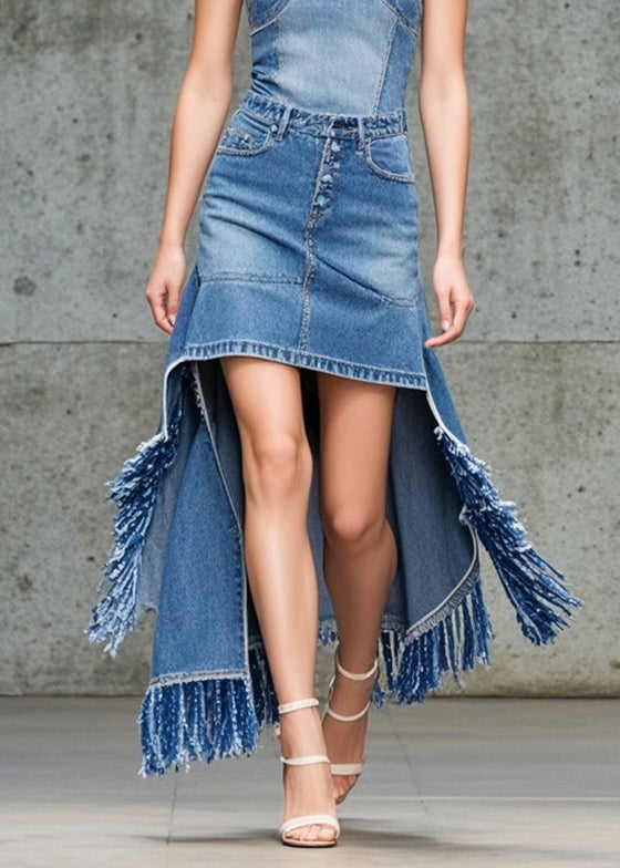 Bohemian Blue Asymmetrical Tasseled Denim Skirts Fall