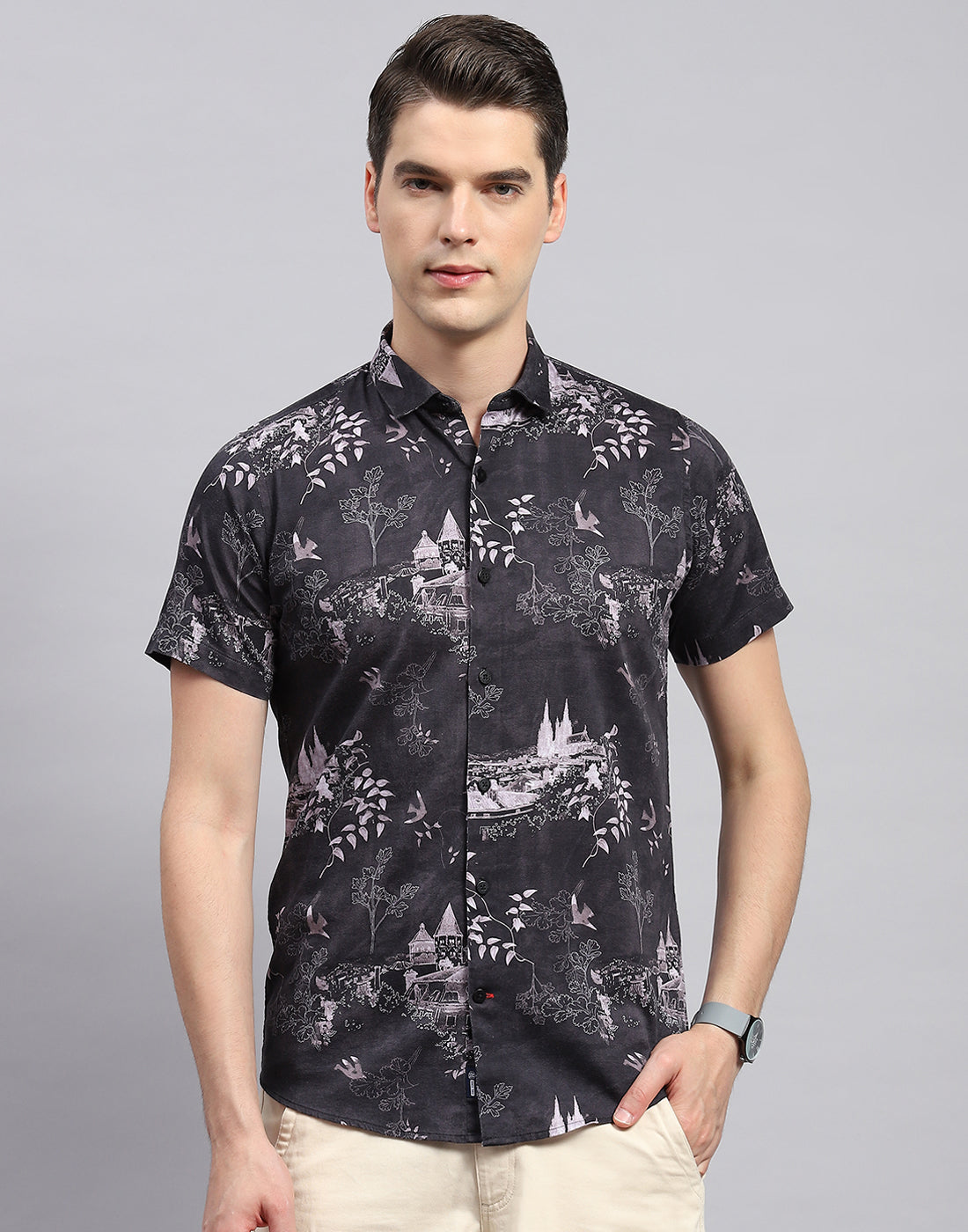 Men Black Printed Collar Neck Half Sleeve Shirt