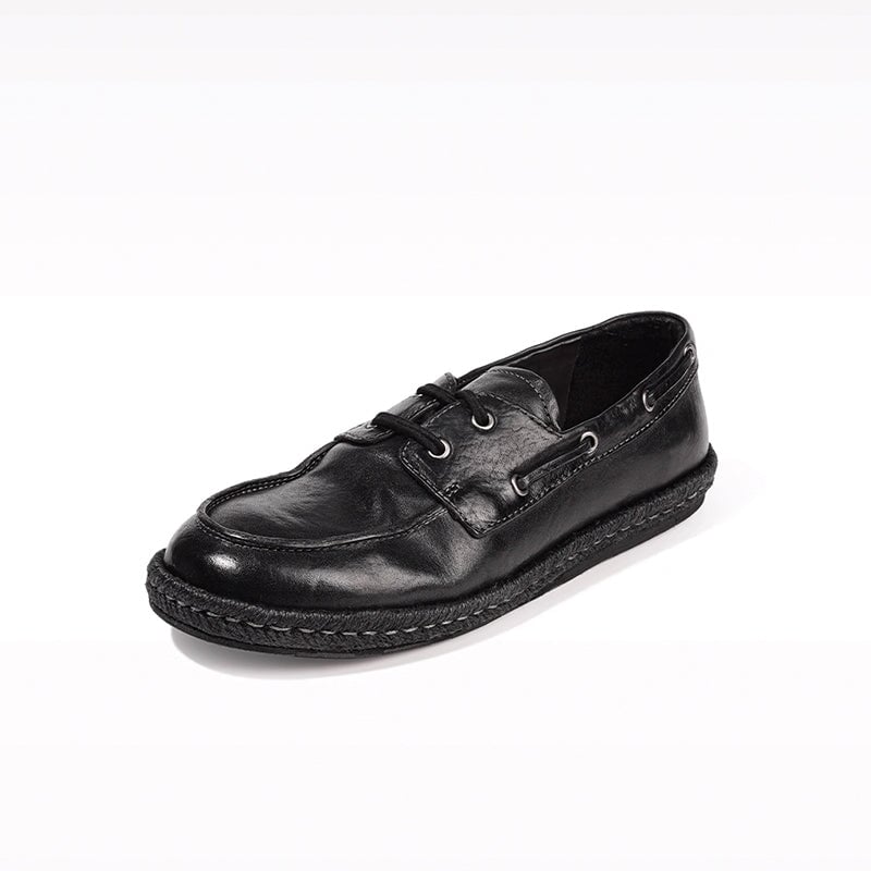 Vintage Washed Horse Leather Boat Shoes Handcrafted Casual Loafers for Women in Black/Pumpkin