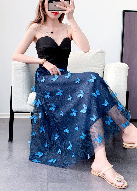 Beautiful Blue Elastic Waist Tulle Jacquard Fall Skirt