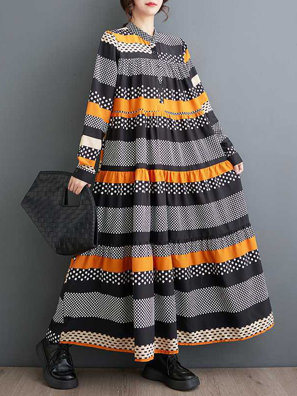 A-Line Long Sleeves Buttoned Polka-Dot Split-Joint Round-Neck Midi Dresses