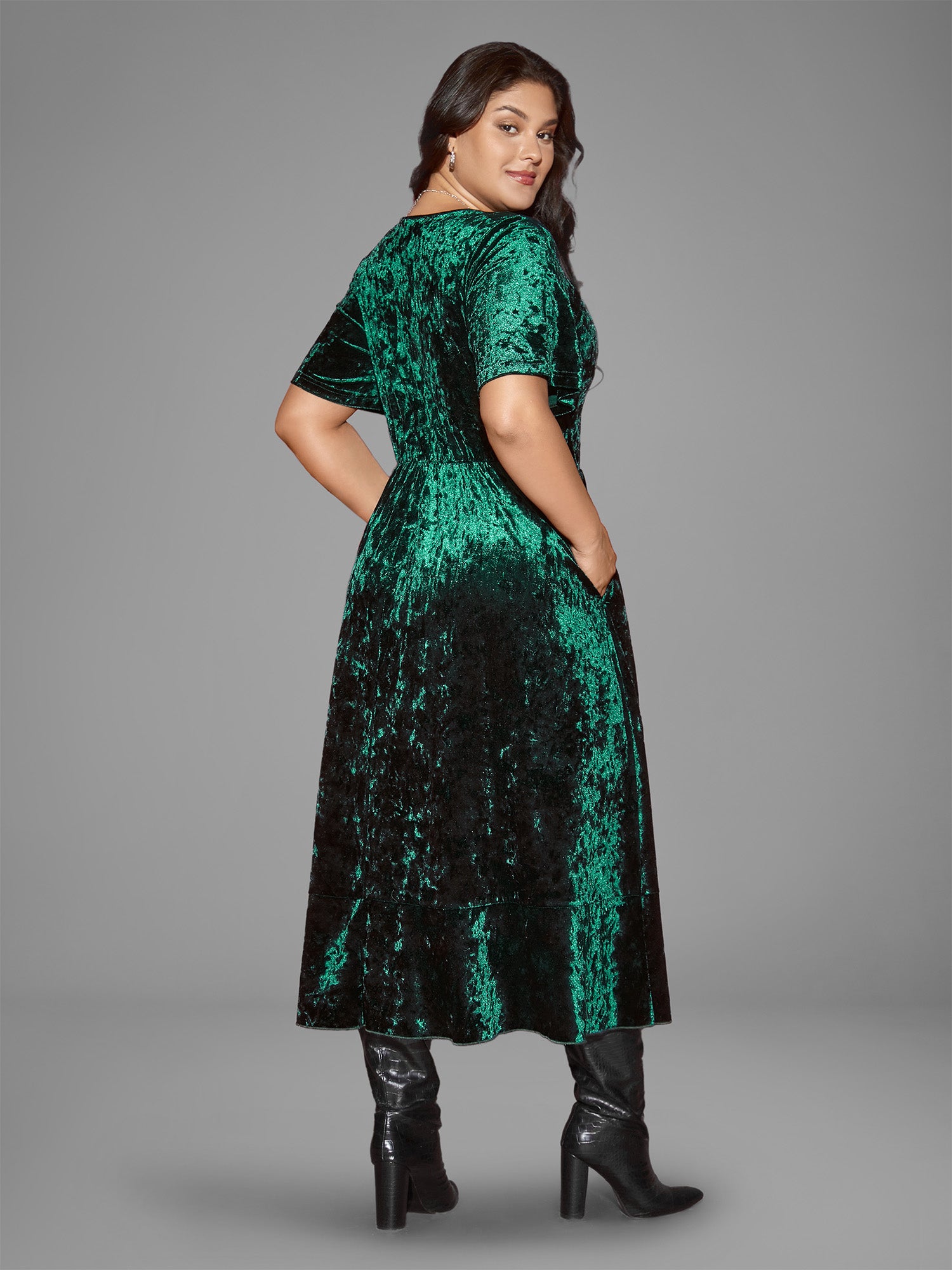 Velvet Surplice Neckline Ruffle Sleeves Midi Dress