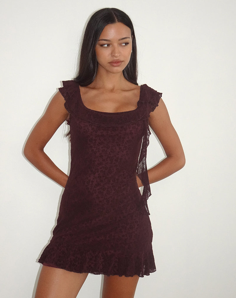 Rolita Mini Dress in Ditsy Flock Burnt Maroon