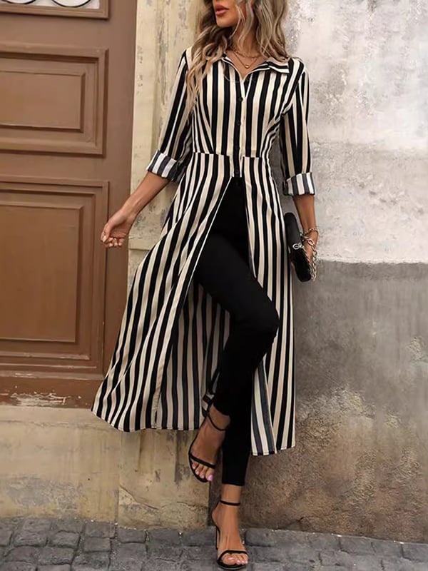 Long Sleeves Loose Buttoned Split-Front Split-Joint Striped Lapel Blouses&Shirts Tops