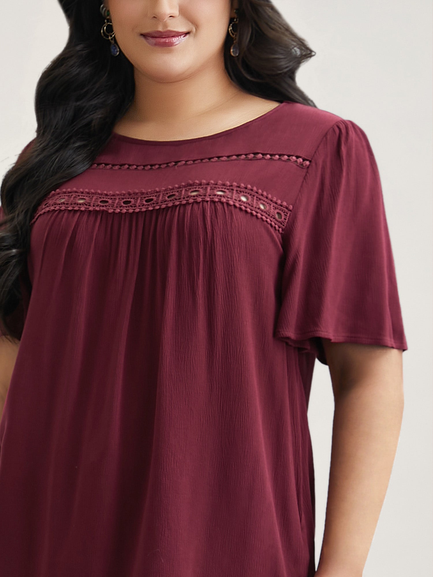 Lace Cut-Out Round Neck Pleated Shirt