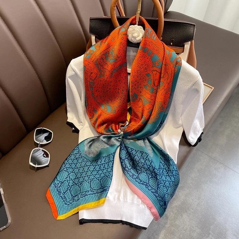 Classic Blue Orange Big Flower Simulation Silk Scarf Large Square Shawl