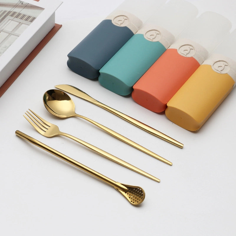 Retro Pastoral Color Block Stainless Steel Spoon Fruit Knife Fruit Fork 1 Set