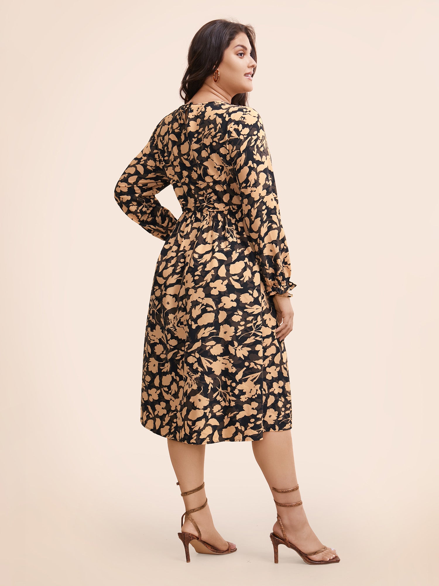 Silhouette Floral Print Shirred Frill Trim Dress