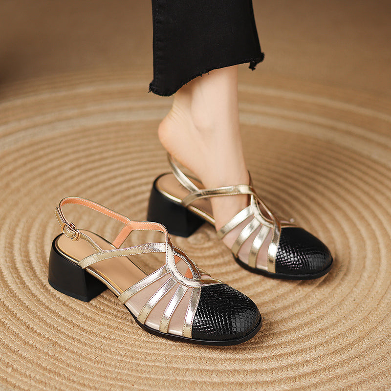 Elegant Colorblock Sandals Patent Leather & Metallic Cowhide Cross-Strap Slingback Dress Shoes in Black/Beige