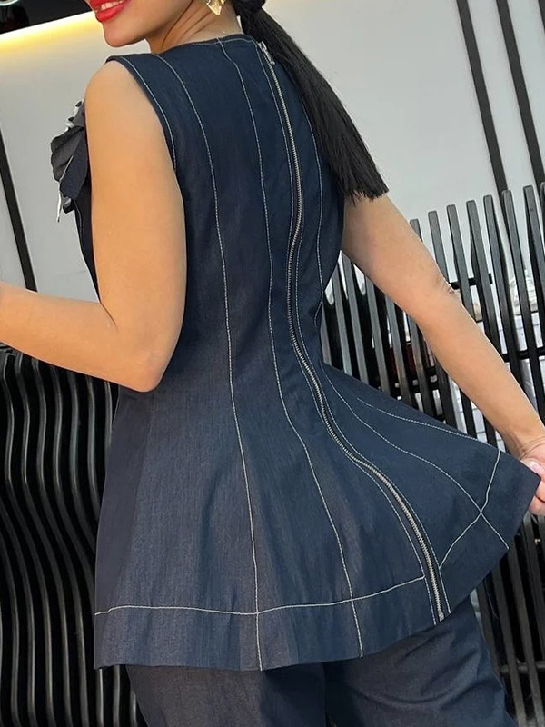 A-line Loose Split-Joint Zipper Round-neck Vest Top