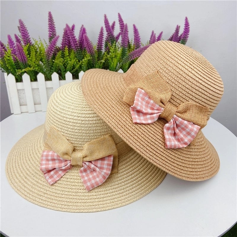 Summer Plaid Bow Straw Fisherman Hat Shade Travel Straw Hat