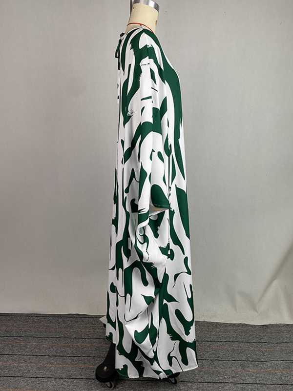 Batwing Sleeves Loose Contrast Color Printed Round-Neck Maxi Dresses