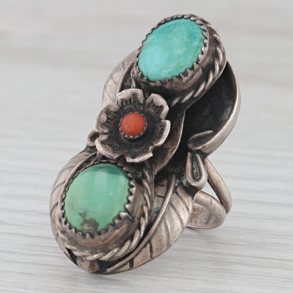 Vintage Native American Turquoise Coral Ring Sterling Silver Sz 8.5 Floral AS IS