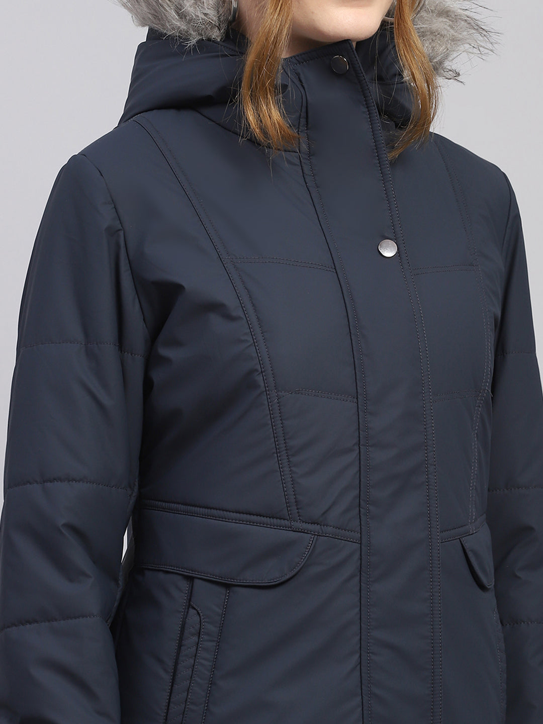 Women Navy Blue Solid Hooded Full Sleeve Jacket