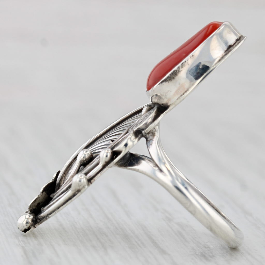 Vintage Yazzie Navajo Native American Coral Feather Ring Sterling Silver