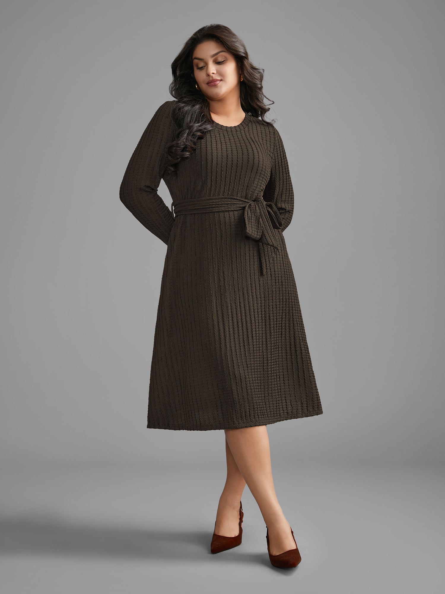 Plain Textured Belted Knit Dress