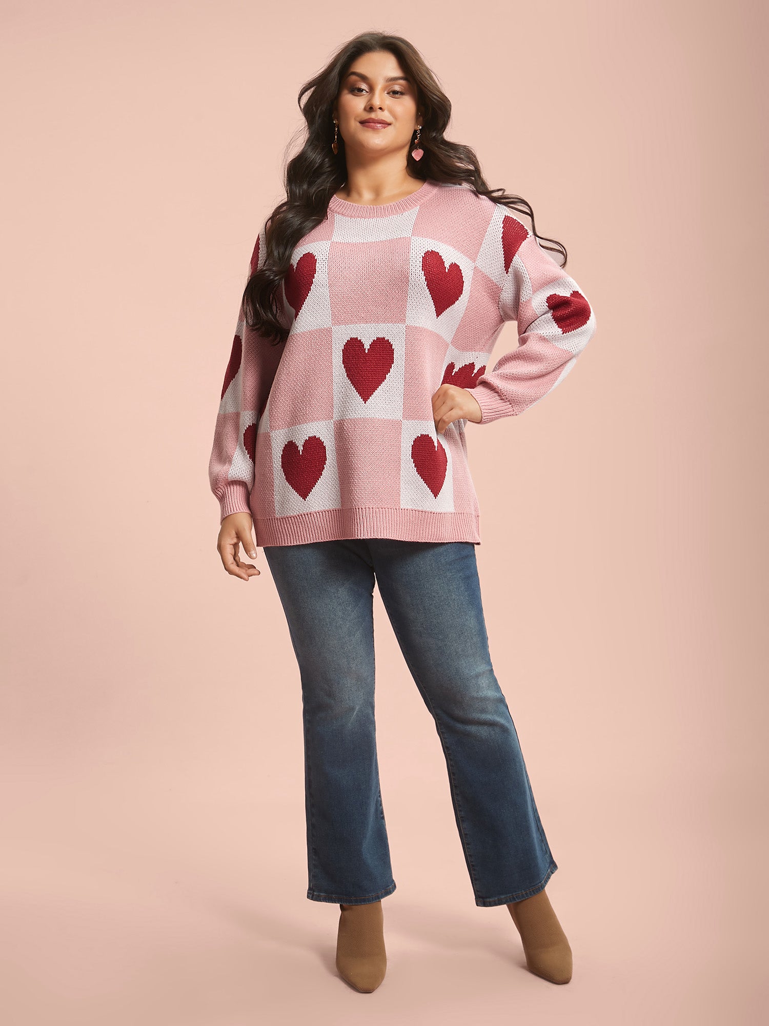 Checkered Hearts Jacquard Color-Contrast Pullover