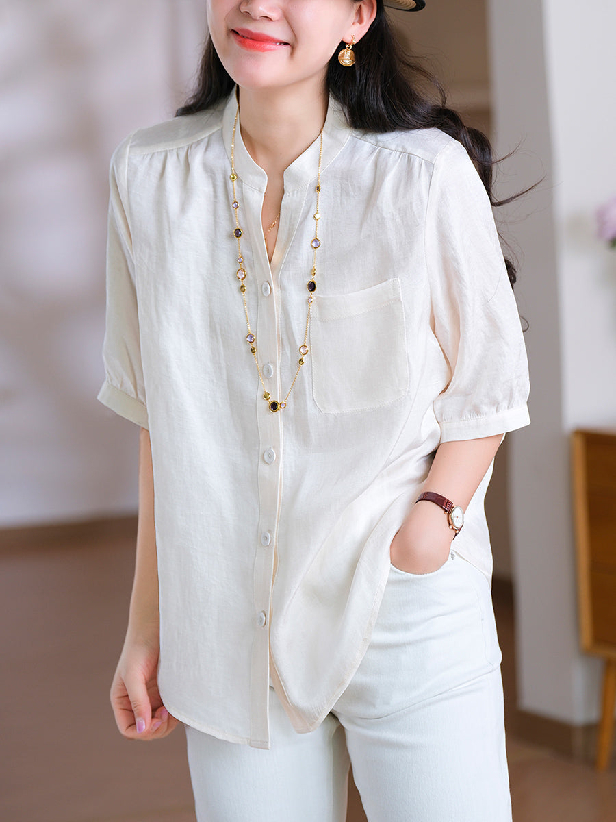 Women Summer Casual Pure Color Pocket V-Neck Shirt