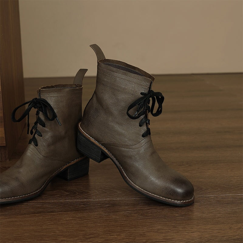 Retro Sheepskin Lace-Up Ankle Boots 40mm Block Heel Martens Boots Grey/Black/Encore Red