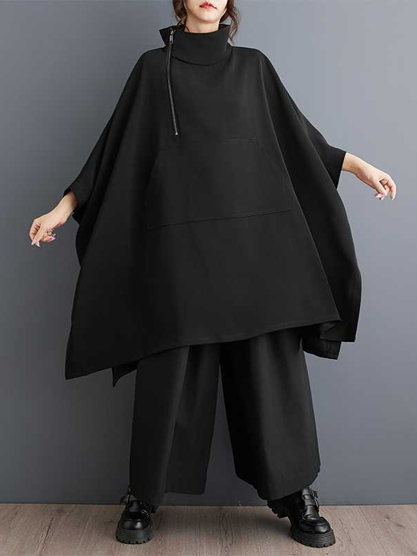 Batwing Sleeves Loose Buttoned Pockets Solid Color Zipper Mock Neck Sweatshirt Tops