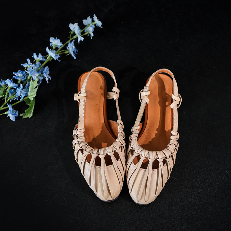 Fashion Closed Toe Slingback Roman Sandals Genuine Leather Cut-Out Woven Summer Flats in Grey/Apricot