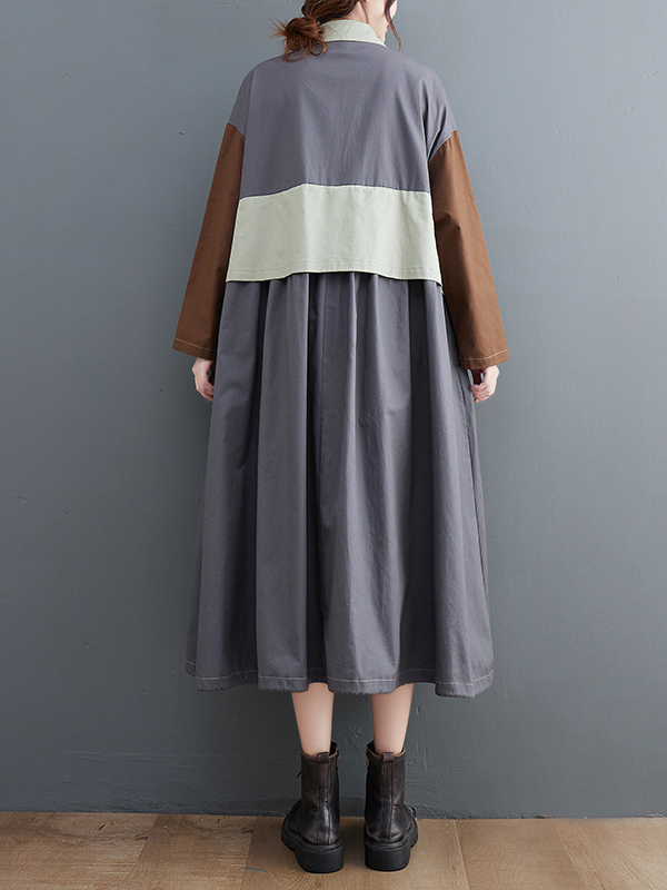 Vintage Loose Long Sleeves Contrast Color Polo Midi Dresses