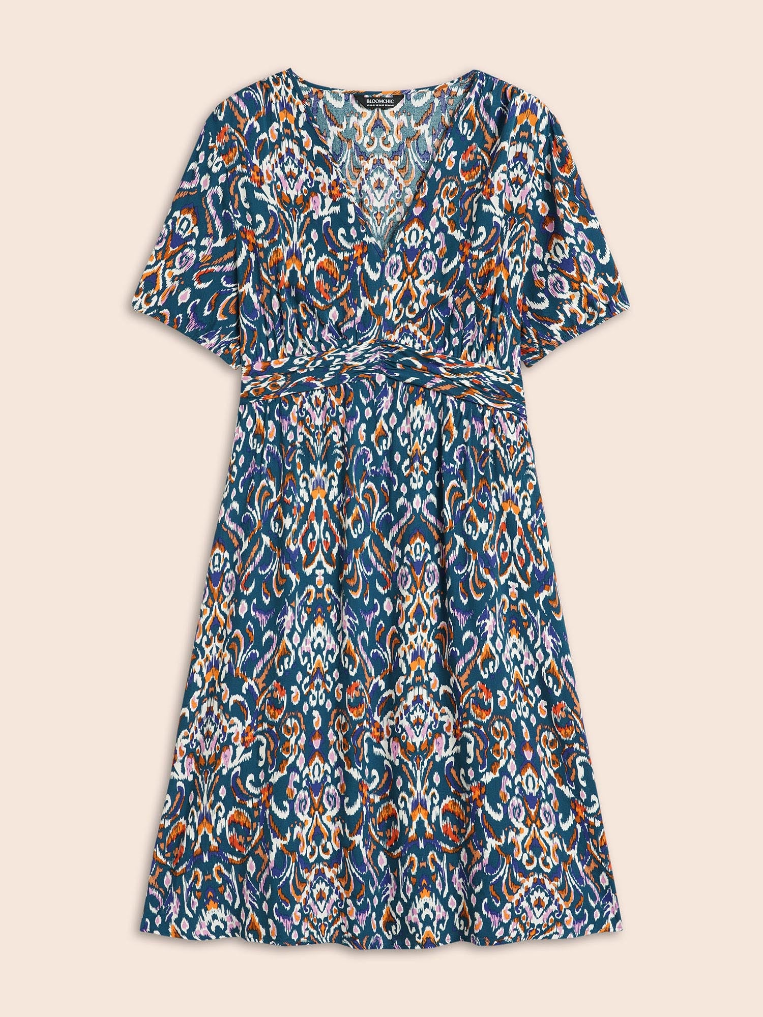 Bandana Print V Neck Shirred Gathered Dress