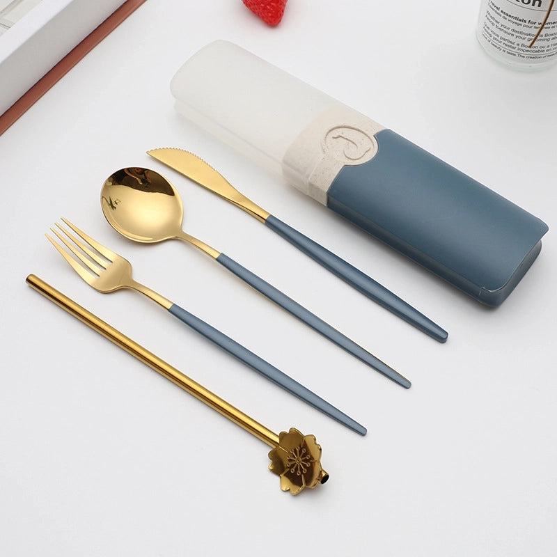 Retro Pastoral Color Block Stainless Steel Spoon Fruit Knife Fruit Fork 1 Set