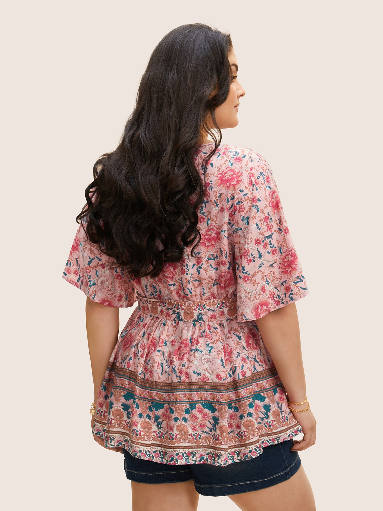 Floral Print Ruffles Belted Blouse
