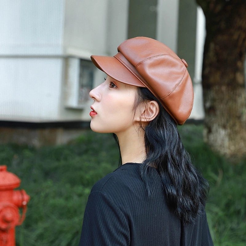 Pu Leather Octagonal Cap Women's Fashionable Autumn And Winter  Retro Cyber Celebrity Newspaper Boy Cap  Bailey Hat