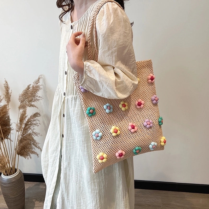 Women's Medium Straw Flower Vintage Style Classic Style Weave Square Open Shoulder Bag