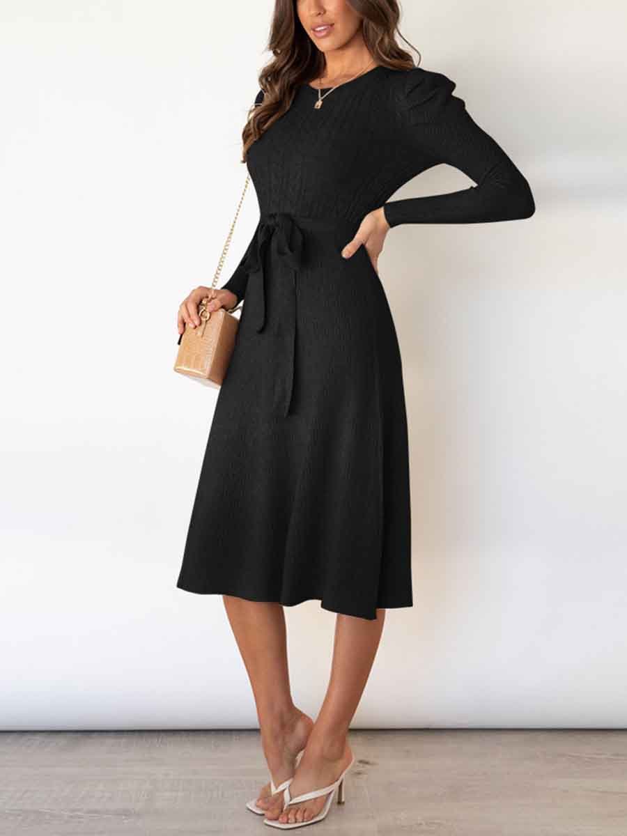 Bubble Sleeve Belt Knit Dress (5 colors)