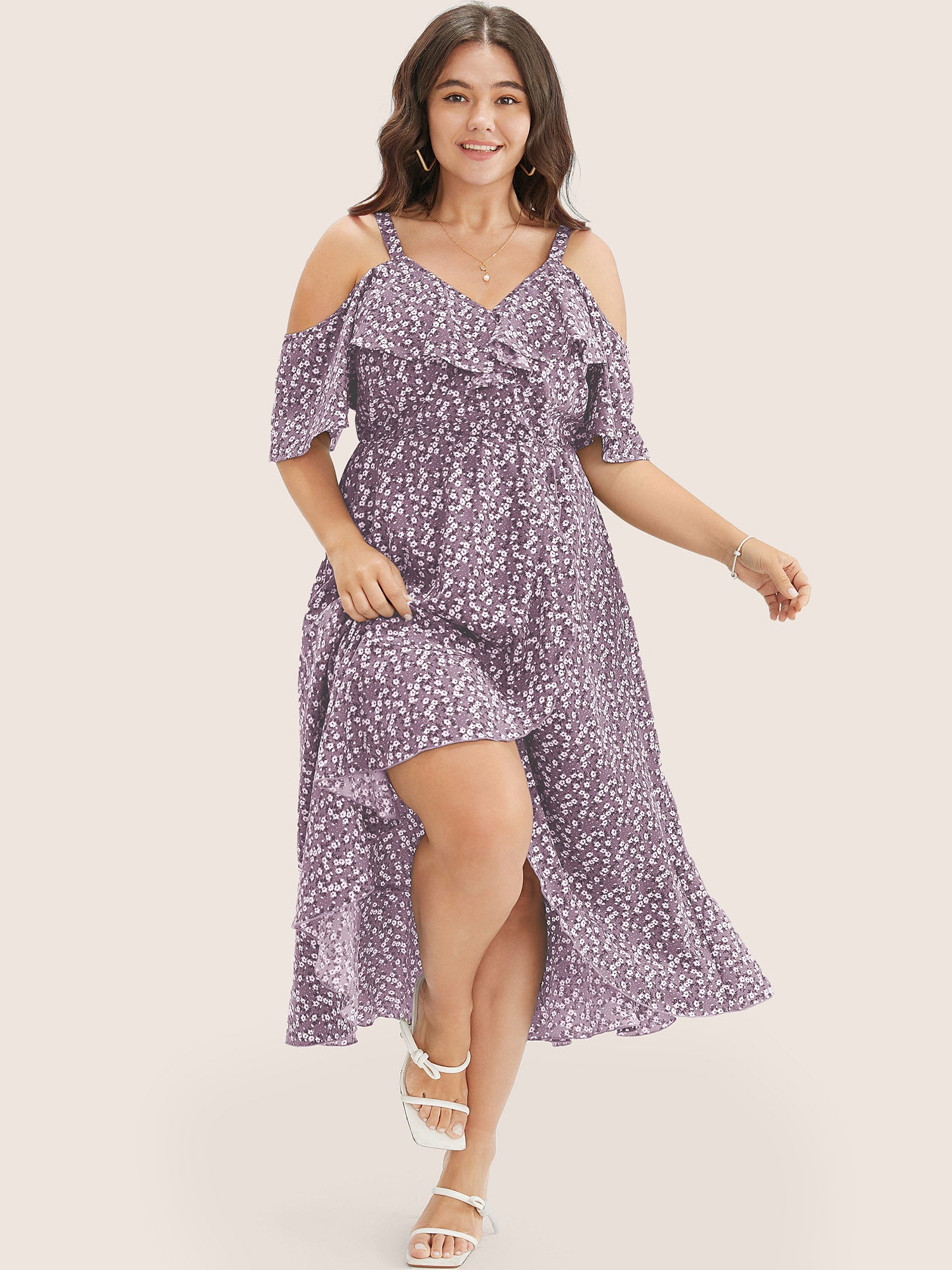 Ditsy Floral Pocket Wrap Cold Shoulder Ruffle Dress