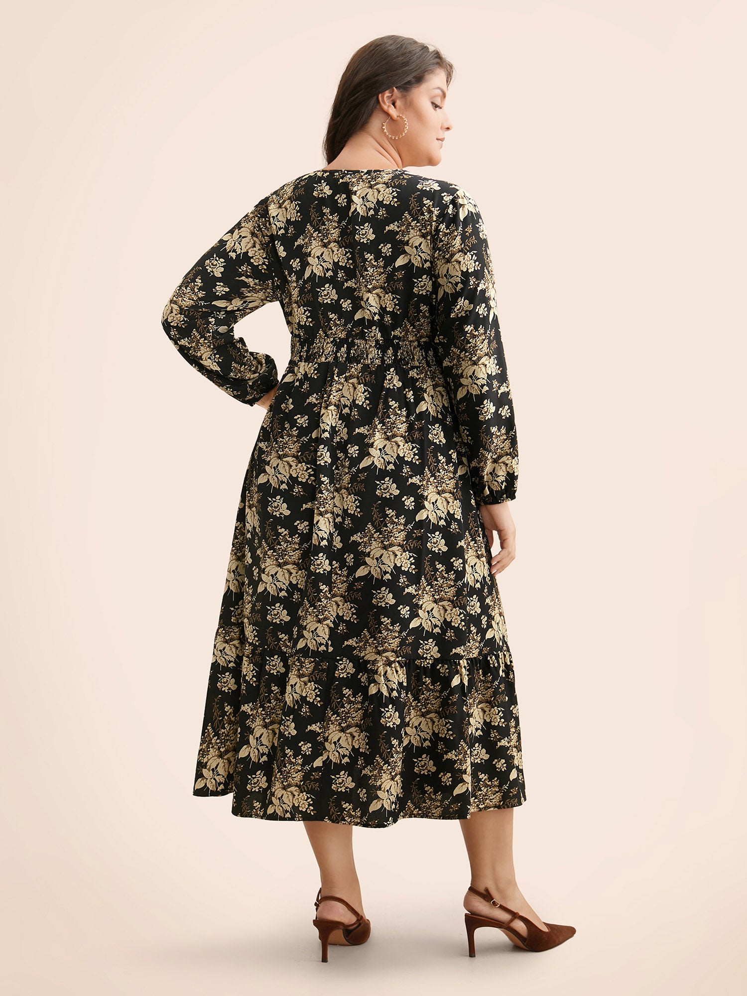 Floral Overlap Collar Shirred Midi Dress